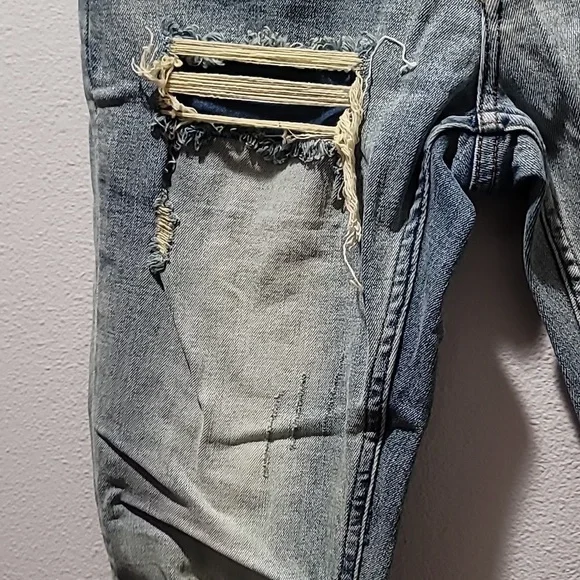 SERENEDE Patchwork Streetwear Earth Tone Serenity Prayer Distressed Skinny Jeans - Picture 14 of 16